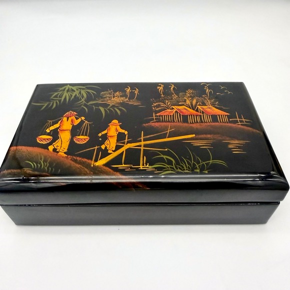The Unbranded Brand Jewelry - Vintage Asian Black Lacquer Jewelry Box Hand Painted Red Velvet Mirror 7.5"